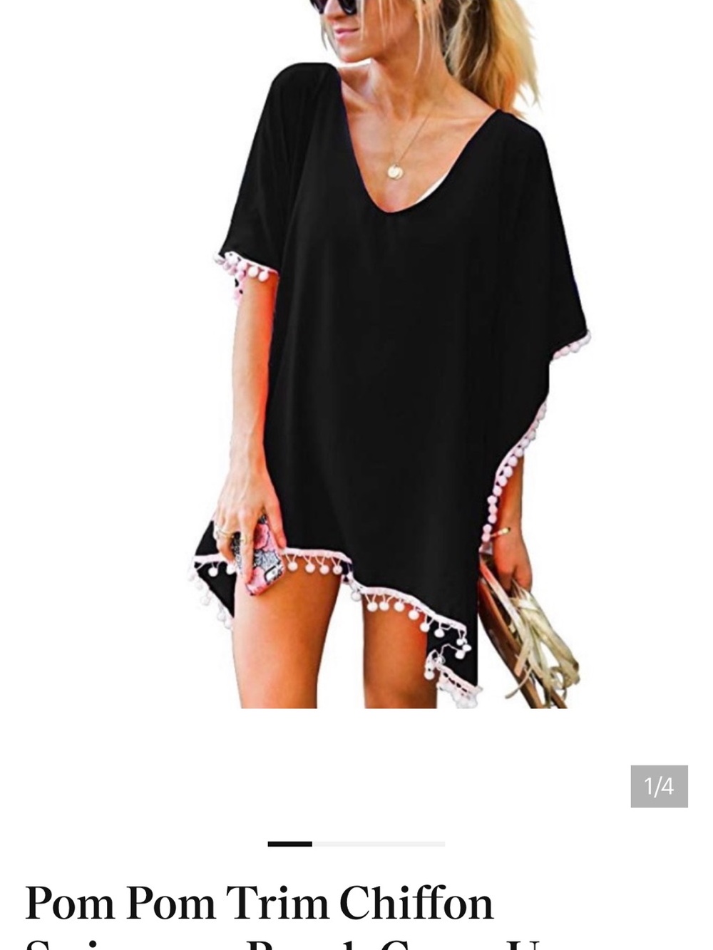 Black Pom Pom Trim Chiffon Swim Cover-Up